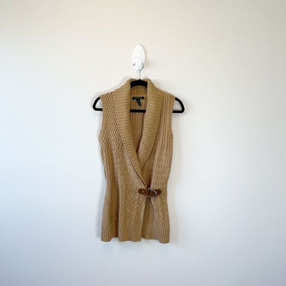 Lauren Ralph Lauren Cable Knit Sweater Vest Equestrian Camel Brown Size Medium - Picture 1 of 9